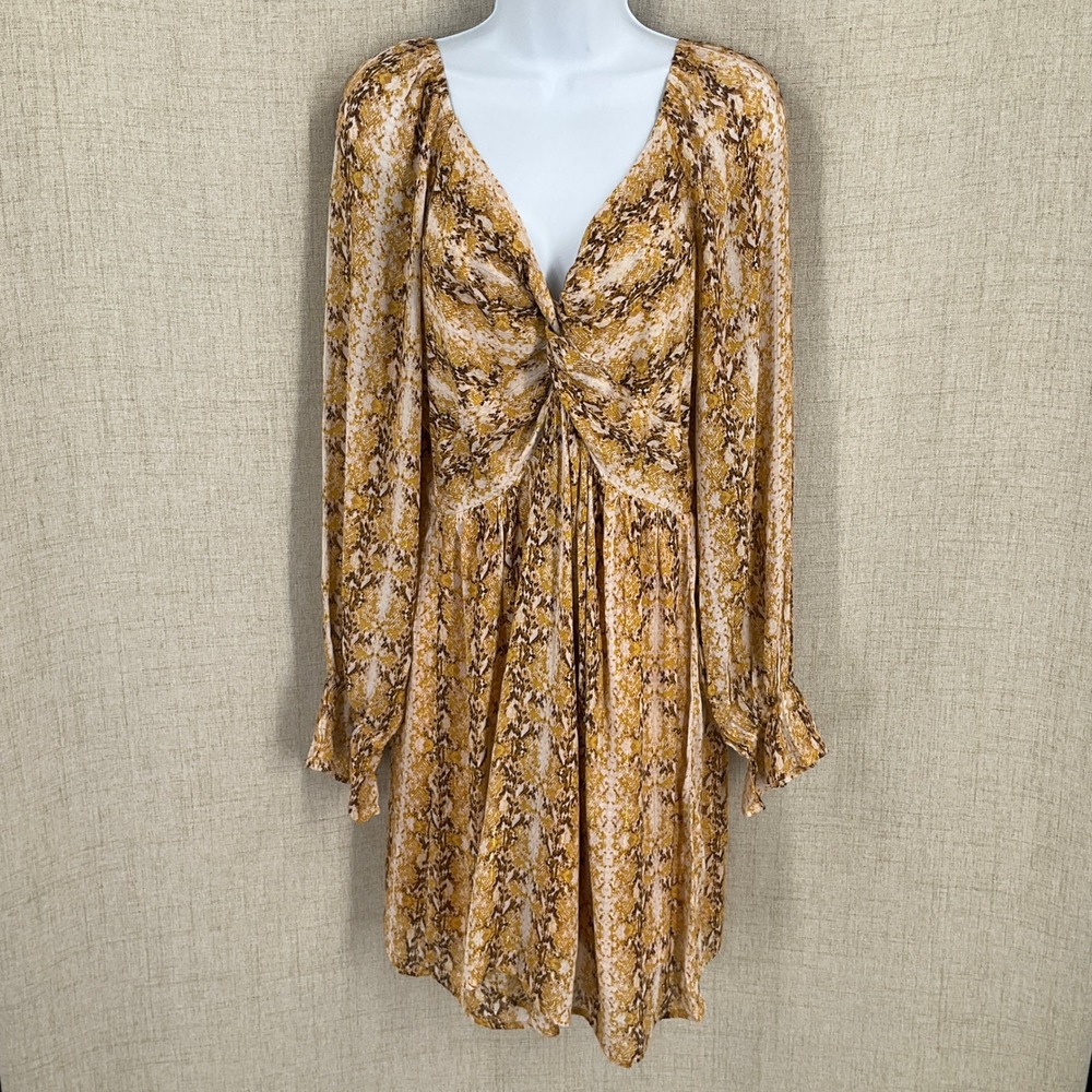 Savanna Jane Dress Womens Large Yellow Snakeskin Metallic Knot Front Boho‎ NEW